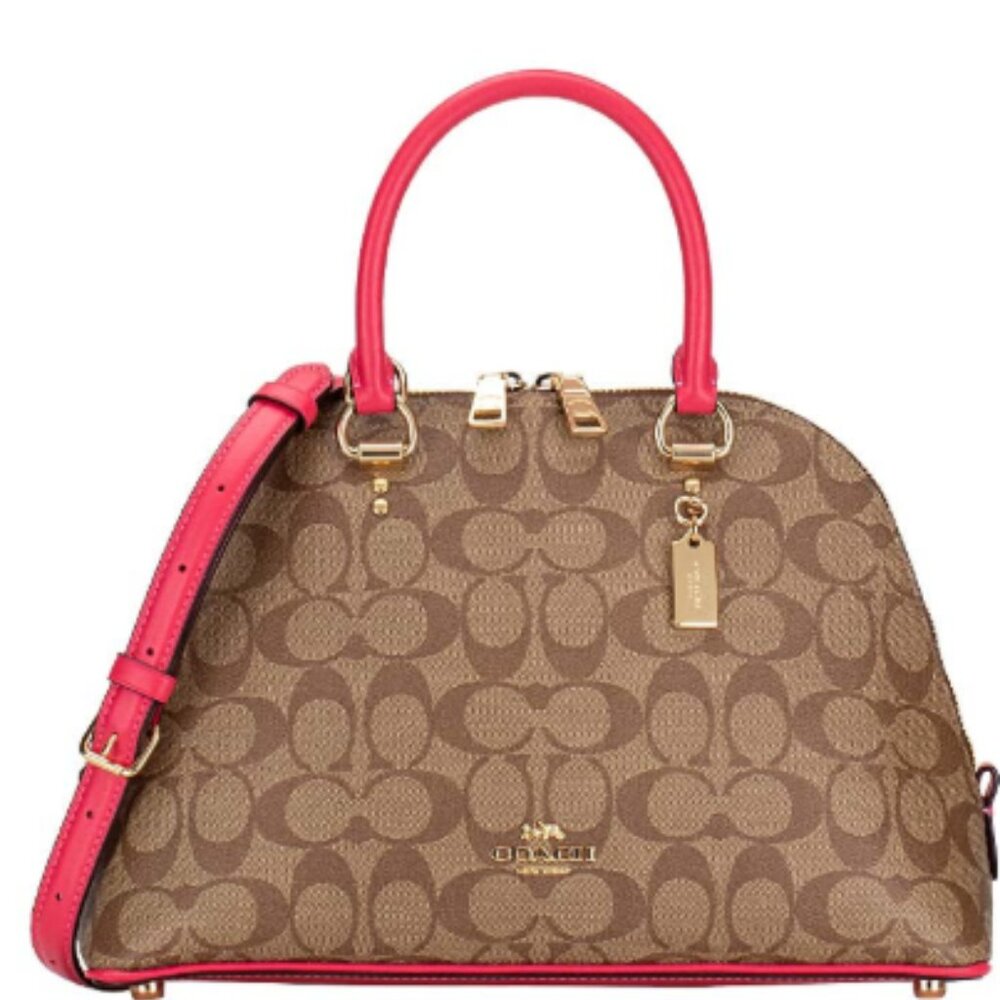 Coach Signature Katy Satchel in Khaki Electric Pink